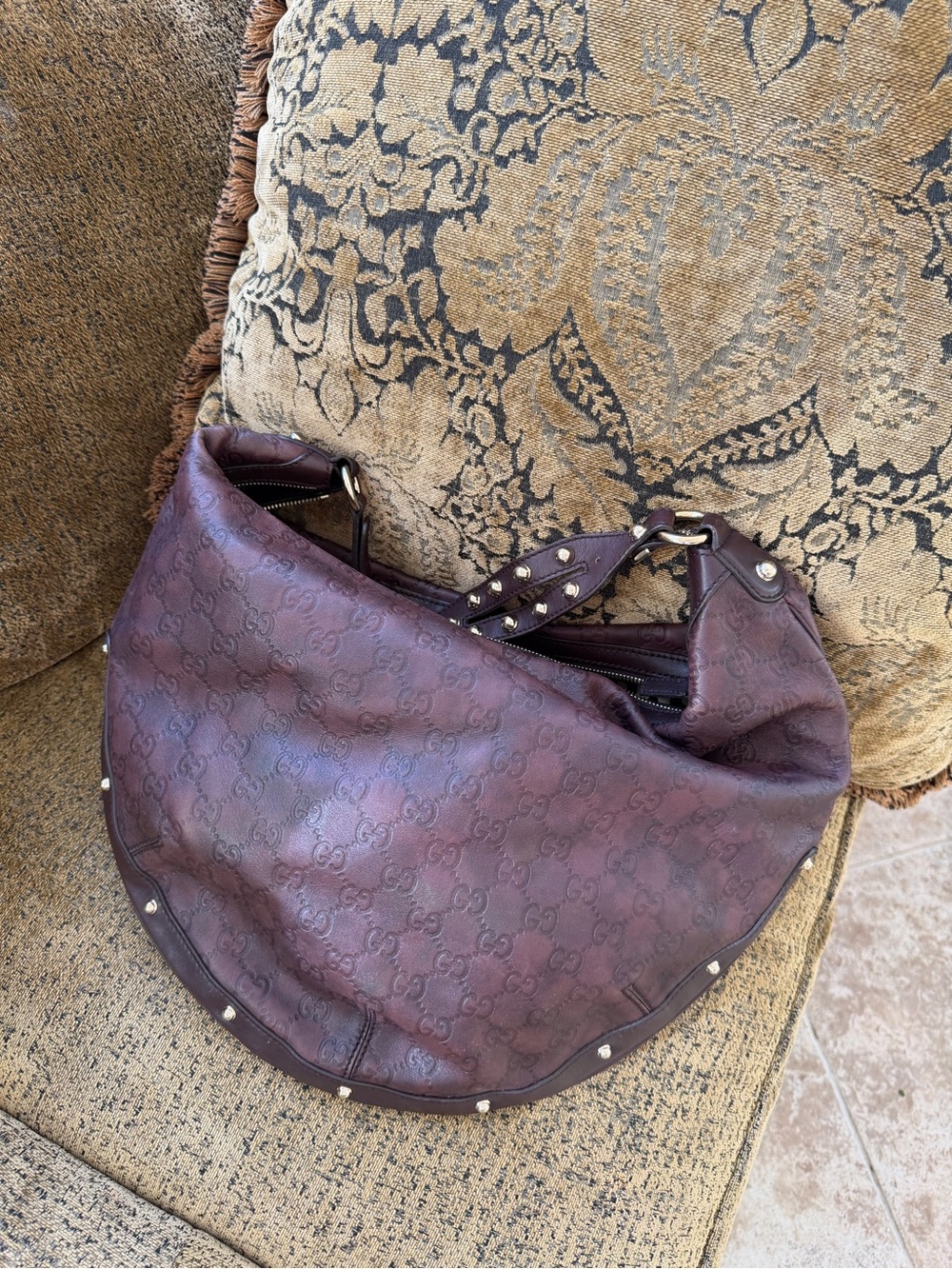 Gucci Brown Monogram Leather Hobo with Studded Trim